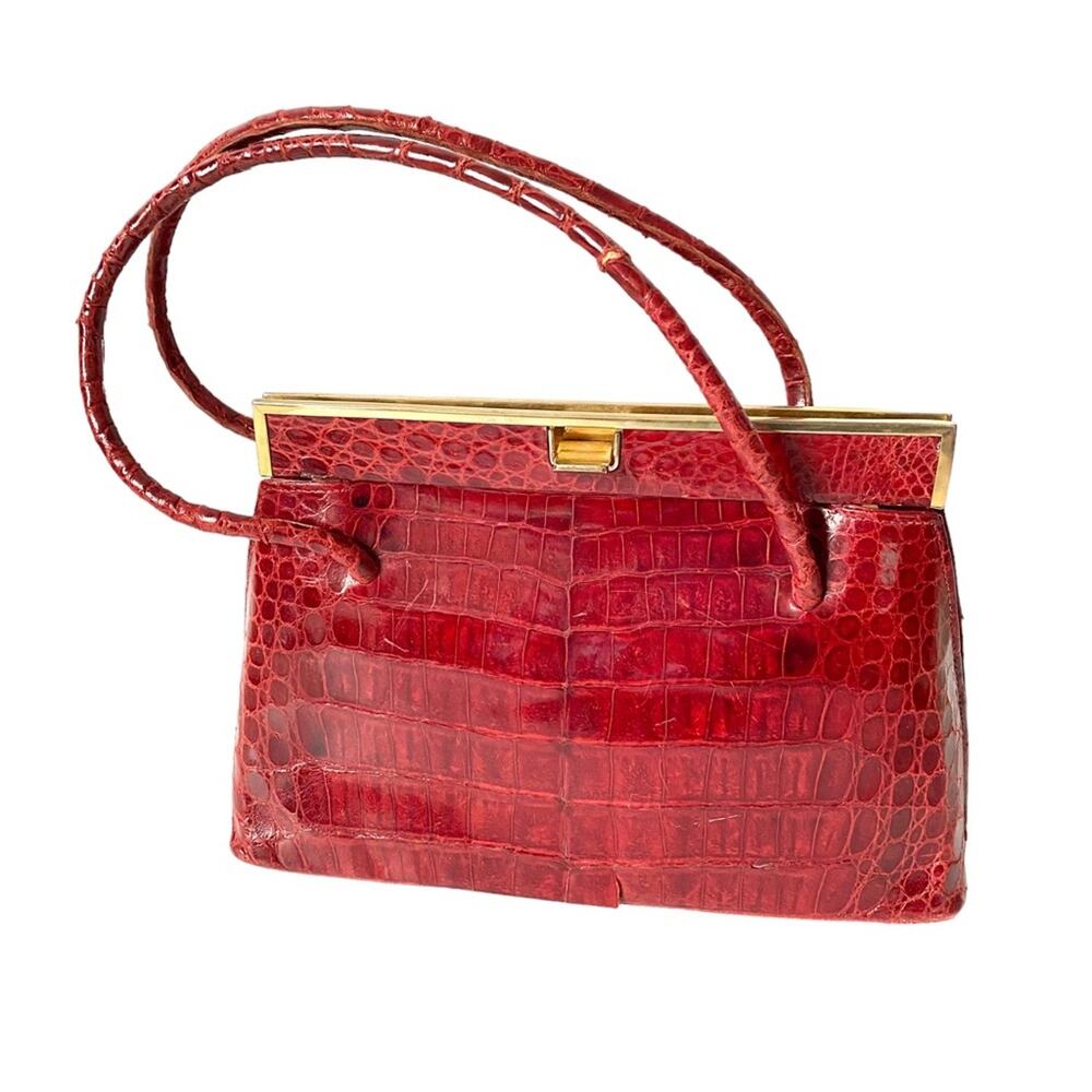 Vintage Deep Red Caiman Crocodile Made in Argentina Alligator purse flawed